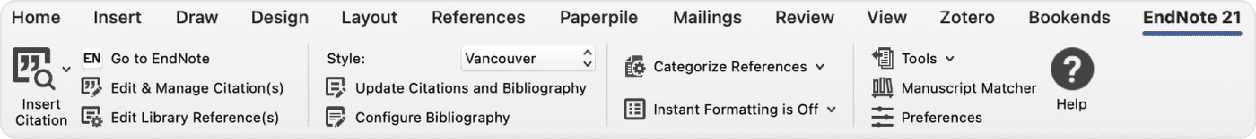 EndNote 21 Word ribbon